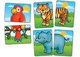 Jungle-themed matching game for toddlers featuring colorful animal cards and an elephant piece for fun learning.