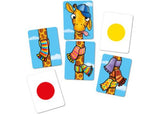 Colorful board game featuring quirky giraffe illustrations, encouraging counting and color matching for kids ages 4-7.