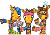 Colorful Orchard Game featuring playful giraffes wearing scarves, designed to enhance counting and color recognition skills for ages 4-7.