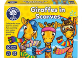 Colorful game featuring quirky giraffe illustrations for kids to match colors and count scarves, suitable for ages 4-7.