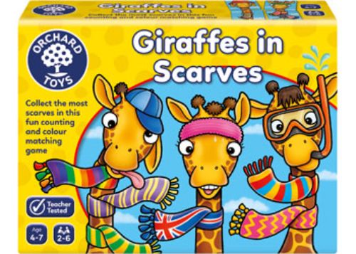 Colorful game featuring quirky giraffe illustrations for kids to match colors and count scarves, suitable for ages 4-7.