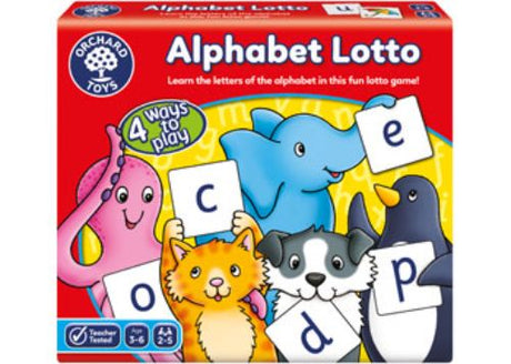 Colorful Alphabet Lotto game with boards and cards designed to teach children letters through engaging, interactive play.