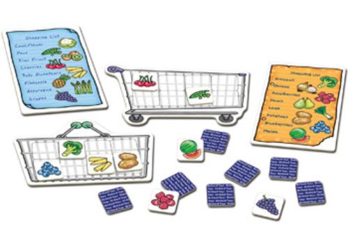 Brightly colored game components from the Orchard Game - S/List Booster Pack featuring fruits and vegetables for fun learning.