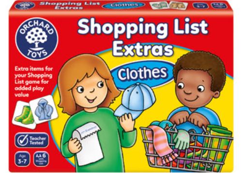 Colorful Orchard Game - S/List Booster Pack Clothes with trolleys, shopping lists, and item cards for fun educational play.