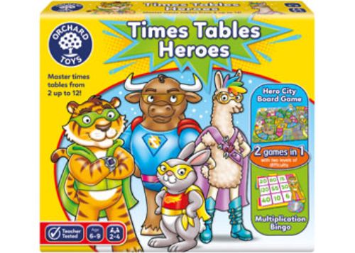 Colorful board game for kids, combining Hero City and Bingo to make learning multiplication fun and engaging.