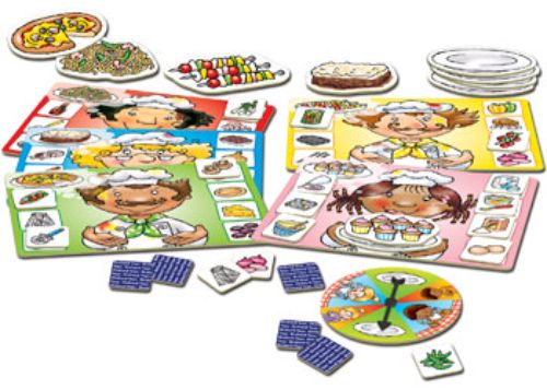 Colorful board game featuring chef boards and ingredient cards for creating delicious meals with family and friends.