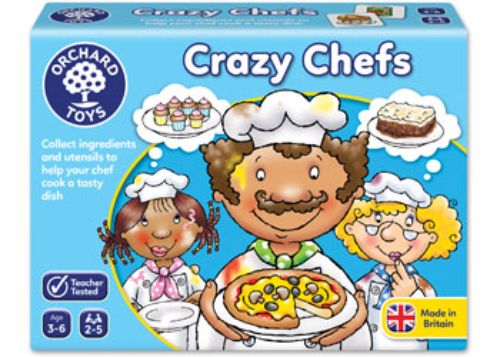 Colorful chef boards and ingredient cards in the Orchard Game - Crazy Chefs, a fun food-themed board game for families.