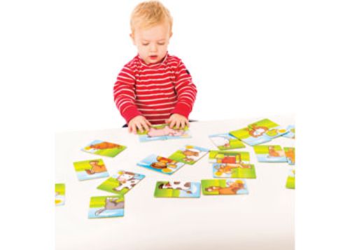 Colorful matching game with 24 chunky farm-themed cards for toddlers, promoting memory, counting, and turn-taking skills.