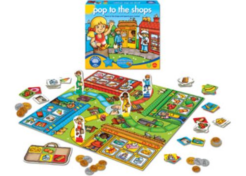 A colorful board game for kids teaching money skills as they race to shop and collect items using play money.