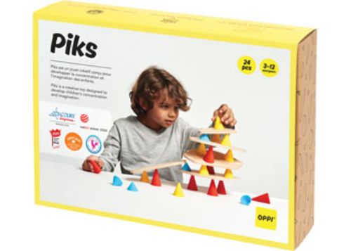 Colorful Piks Small Kit construction toy with 24 pieces, including silicone cones and wooden boards for creative play.