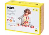 Colorful Piks - Medium Kit featuring 33 silicone cones and 11 wooden boards for creative and developmental play.