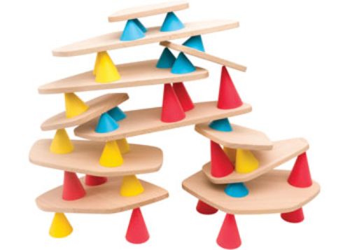 Colorful construction toy kit with silicone cones and wooden boards for creative play and skill development in children.