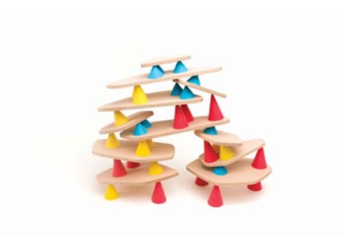 Colorful construction toy kit with silicone cones and wooden boards, designed to enhance creativity and motor skills in children.