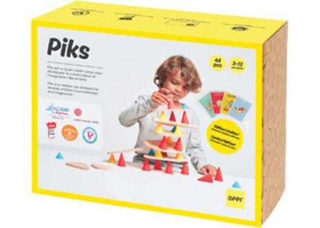 Colorful Piks - Medium Kit featuring 33 silicone cones and 11 wooden boards for creative construction and developmental play.