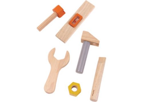 Child wearing the eco-friendly PlanToys Tool Belt, featuring a hammer, wrench, screwdriver, and level for imaginative play.