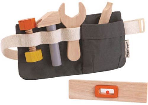 PlanToys Tool Belt with eco-friendly tools for creative play, including a hammer, wrench, screwdriver, and level.