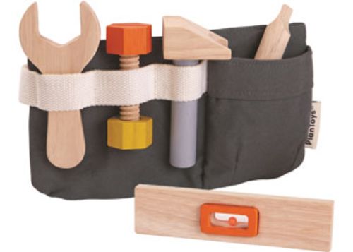 Child-sized PlanToys Tool Belt featuring a hammer, wrench, screwdriver, and level for creative, hands-on play.