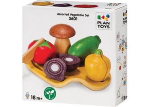 Colorful wooden vegetables with a cutting board and knife, designed for fun and educational play, suitable for young kids.