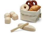 Wooden PlanToys Bread Set featuring colorful baguettes, loaves, and rolls for imaginative play and skill development.