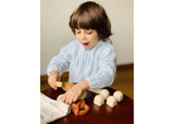 Colorful wooden bread set featuring baguettes, loaves, and rolls, perfect for imaginative play and fine motor skill development.