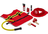 Child-sized firefighter play set with adjustable helmet, jacket, megaphone, extinguisher, hose, flashlight, hatchet, and walkie-talkie.