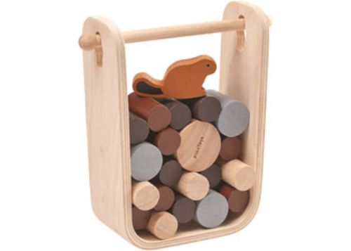 Image of PlanToys Timber Tumble game featuring a beaver, logs, and a stick for engaging family play and skill development.