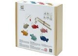 Wooden fishing game featuring colorful fish and a magnetic rod, perfect for enhancing kids' motor skills and promoting imaginative play.