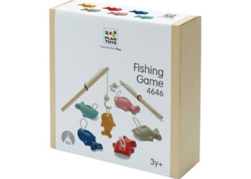 Colorful wooden fish and a magnetic rod make the eco-friendly PlanToys Fishing Game perfect for imaginative play and skill development.
