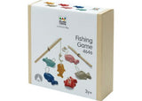 Colorful wooden fish and a magnetic rod make the eco-friendly PlanToys Fishing Game perfect for imaginative play and skill development.