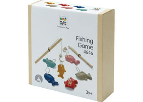 Colorful wooden fish and a magnetic rod make the eco-friendly PlanToys Fishing Game perfect for imaginative play and skill development.