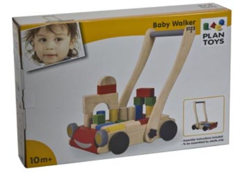 PlanToys Baby Walker: an eco-friendly first-step tool with adjustable handle and colorful bricks for motor skill development.