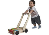 PlanToys Baby Walker with adjustable handle and colorful bricks, ideal for infants learning to walk and enhancing motor skills.