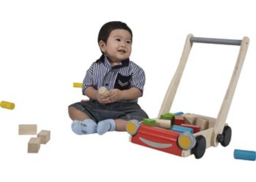 PlanToys Baby Walker designed for infants, features adjustable handle, colorful bricks, and promotes walking and motor skills.