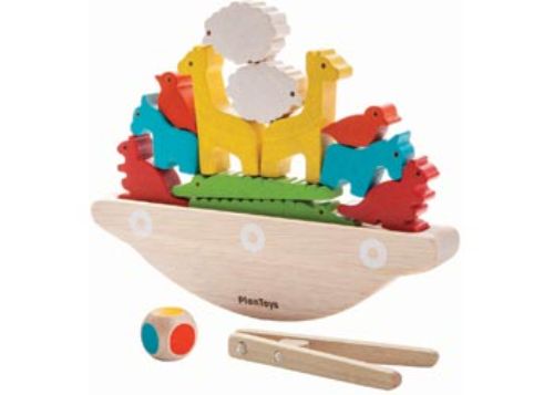 Colorful wooden balancing game with animal pairs, dices, and pincers for developing motor skills in kids aged 3 and up.