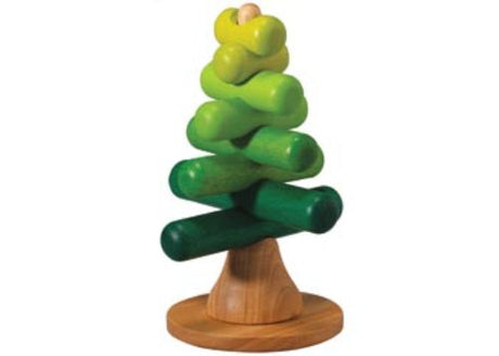 Colorful wooden stacking toy shaped like trees, promoting creativity, fine motor skills, and nature exploration for ages 2+.
