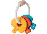 Colorful PlanToys Baby Key Rattle designed for infants, promoting fine motor skills and sensory exploration through engaging textures.