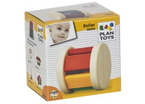 Eco-friendly wooden roller toy with vibrant design, engages infants' senses and promotes motor skill development.