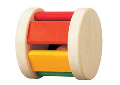 Colorful wooden PlanToys Roller with inner ball for sound, designed for sensory play and motor skill development in infants.