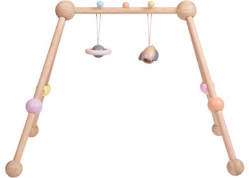 Pastel-colored play gym featuring two detachable toys for baby’s motor skills development and safe exploration.