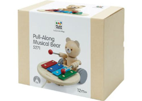 Wooden Pull-Along Musical Bear that plays enchanting melodies, promoting motor skills and eco-friendly play for toddlers.