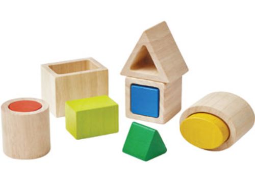 Colorful wooden Geo Matching Boxes featuring 10 blocks in 5 distinct shapes for cognitive development and fine motor skills.