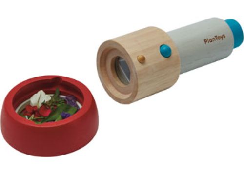 Wooden PlanToys Kaleidoscope for kids, showcasing vibrant colors and creative exploration through an artistic lens.