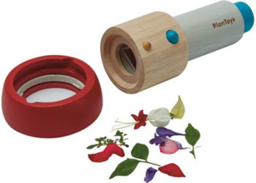 Wooden PlanToys Kaleidoscope showcasing vibrant colors through an artistic lens, designed for creative play and sensory exploration.