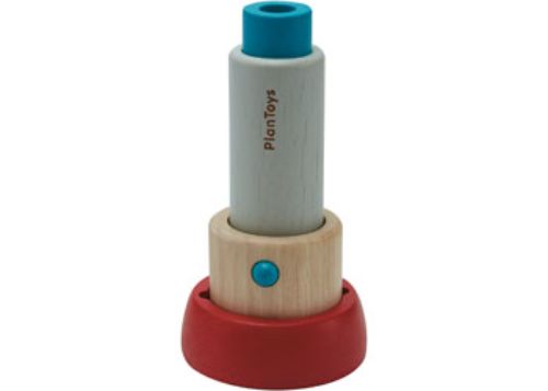 Wooden PlanToys Kaleidoscope displaying vibrant colors; encourages creativity and exploration for kids aged 3 and up.