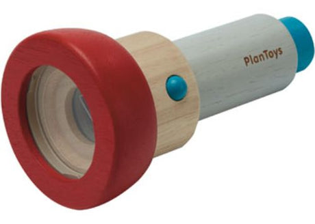 Wooden PlanToys Kaleidoscope for ages 3+, features a colorful lens for exploring surroundings and enhancing creativity.