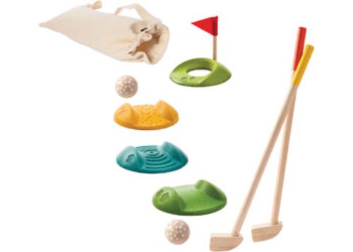 Colorful wooden mini golf set for kids, promoting physical activity, hand-eye coordination, and imaginative play.