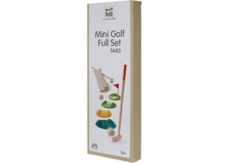 Colorful wooden mini golf set for kids, includes putters, golf balls, and obstacles for fun and skill development.