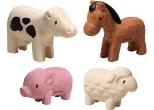 Wooden farm animals set including pig, sheep, cow, and horse, designed for imaginative play and fine motor skill development.