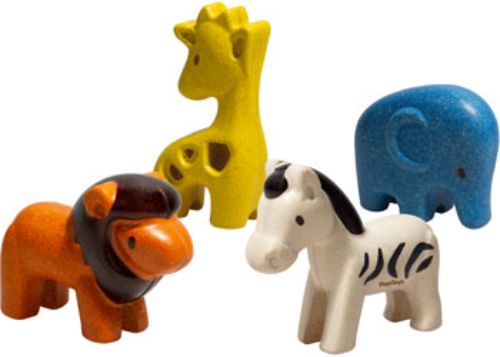 Colorful wooden wild animals set featuring a lion, elephant, zebra, and giraffe for imaginative play and learning.