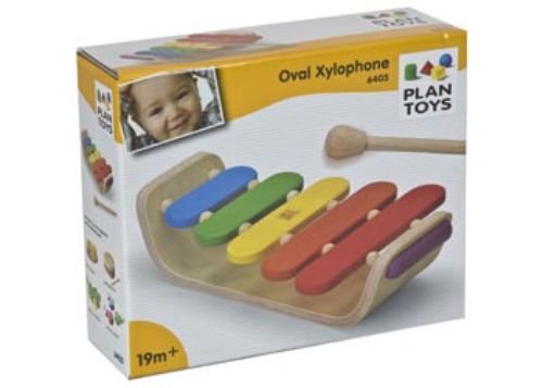 Colorful oval xylophone made from sustainable wood, designed for small hands to explore music and rhythm.